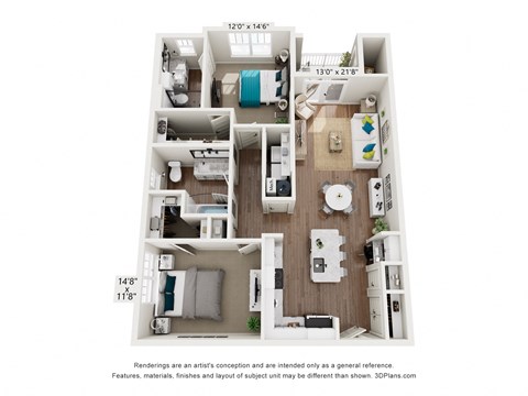 a 3 bedroom floor plan with a wood floor